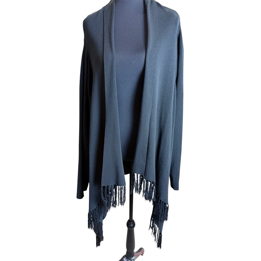 Coldwater Creek Black Knit Fringe Open Front Cardigan Sweater XL Laganlook